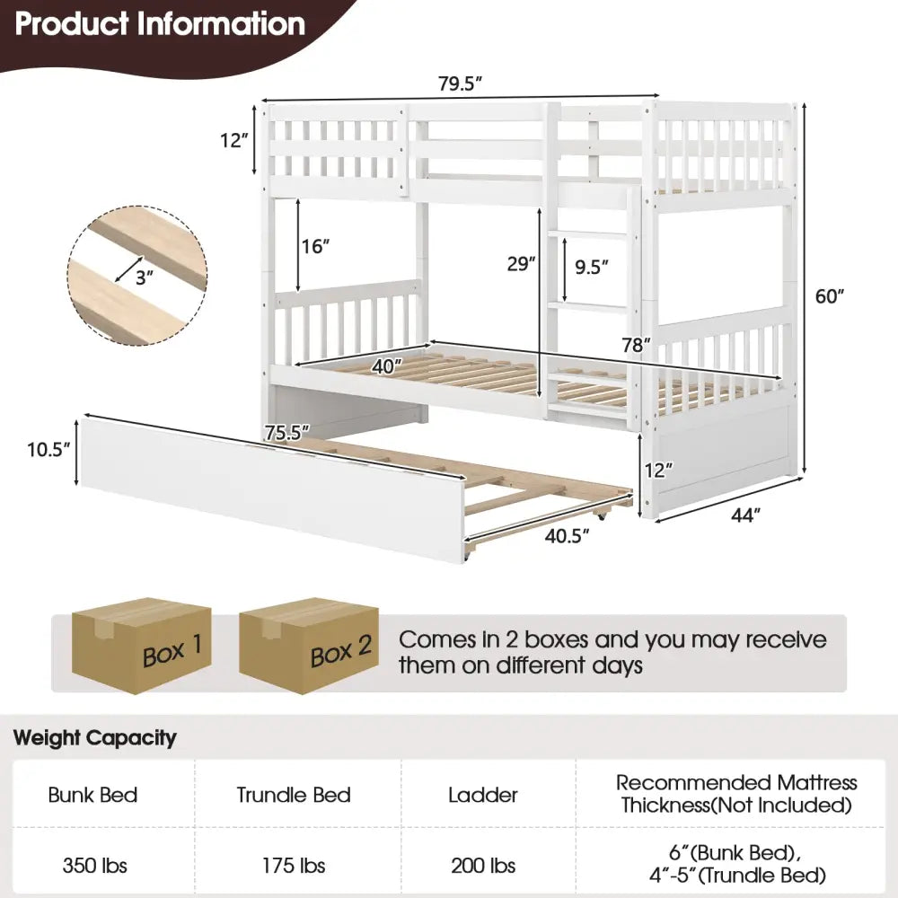 Twin Over Twin Bunk Bed with Pull-out Trundle and Ladder-White - White - Bunk Bed Frame