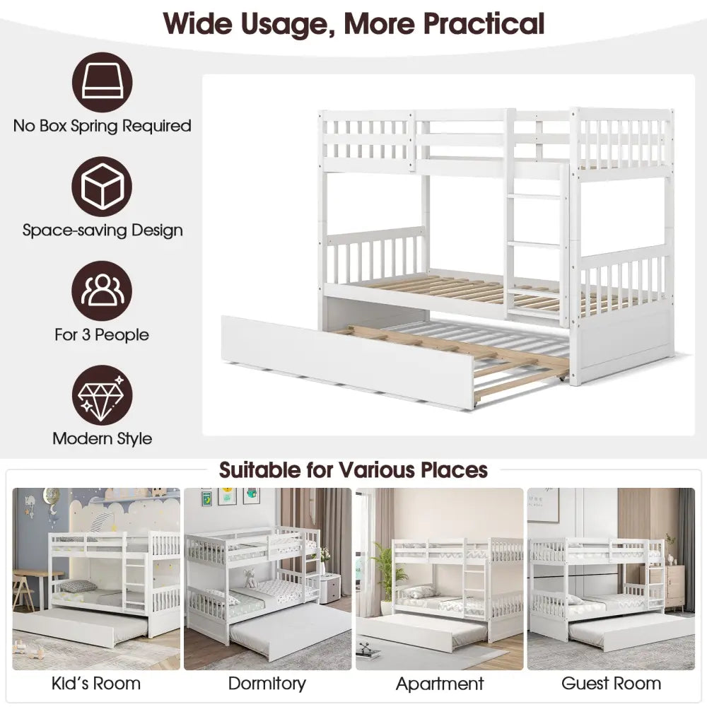 Twin Over Twin Bunk Bed with Pull-out Trundle and Ladder-White - White - Bunk Bed Frame