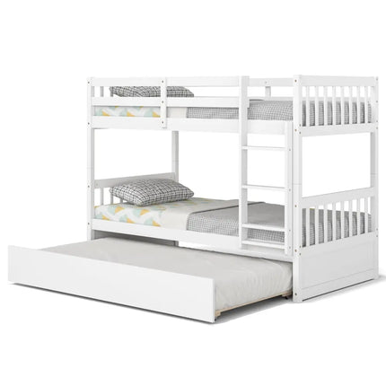 Twin Over Twin Bunk Bed with Pull-out Trundle and Ladder-White - White - Bunk Bed Frame