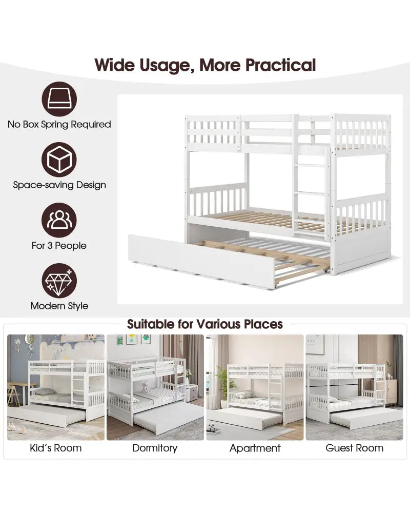 Twin Over Twin Bunk Bed with Pull-out Trundle and Ladder-White - White - Bunk Bed Frame
