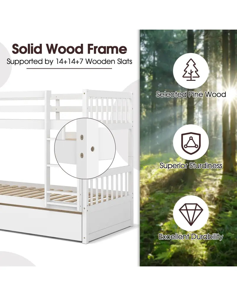 Twin Over Twin Bunk Bed with Pull-out Trundle and Ladder-White - White - Bunk Bed Frame
