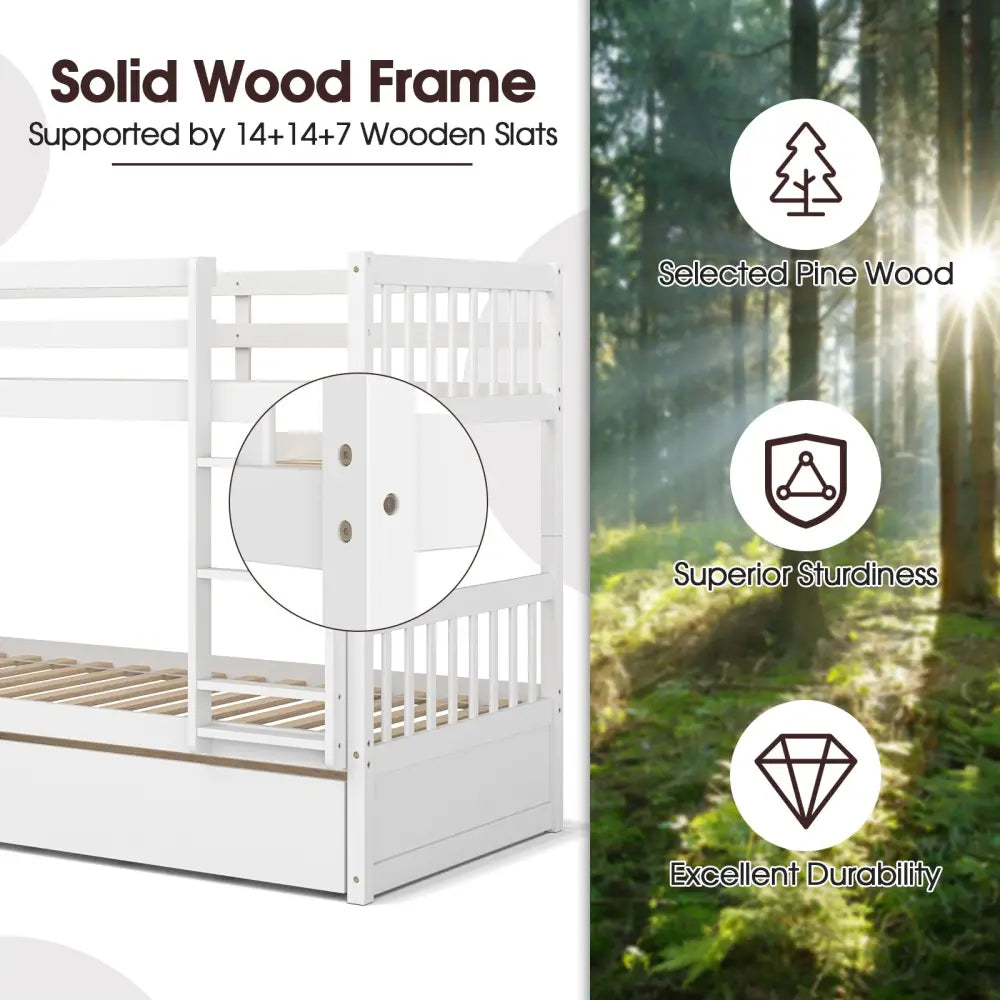 Twin Over Twin Bunk Bed with Pull-out Trundle and Ladder-White - White - Bunk Bed Frame