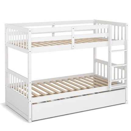 Twin Over Twin Bunk Bed with Pull-out Trundle and Ladder-White - White - Bunk Bed Frame