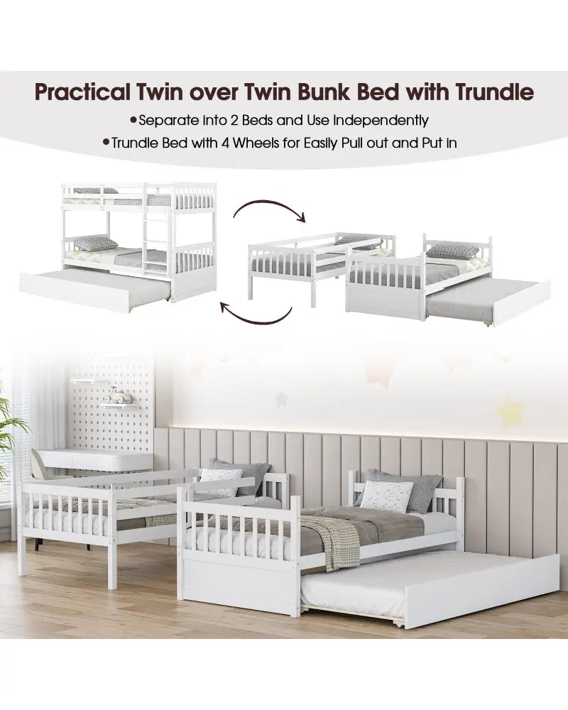 Twin Over Twin Bunk Bed with Pull-out Trundle and Ladder-White - White - Bunk Bed Frame
