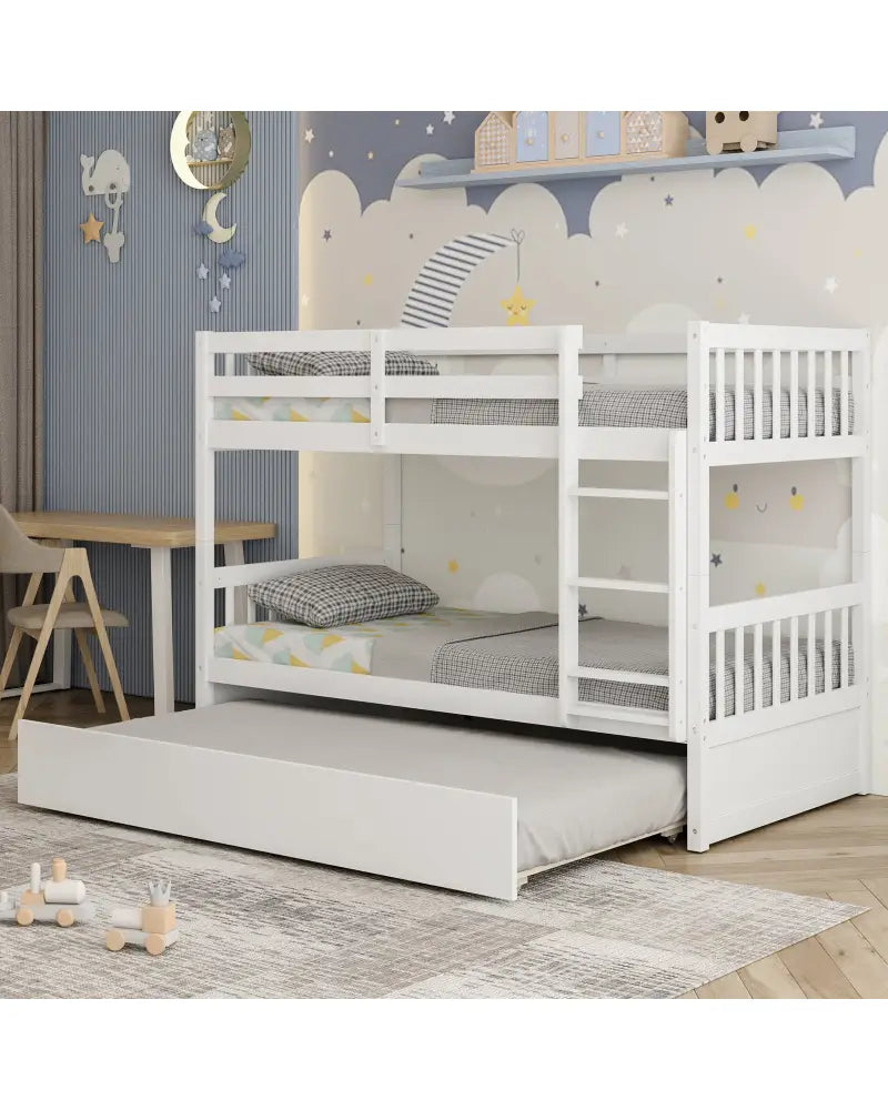 Twin Over Twin Bunk Bed with Pull-out Trundle and Ladder-White - White - Bunk Bed Frame