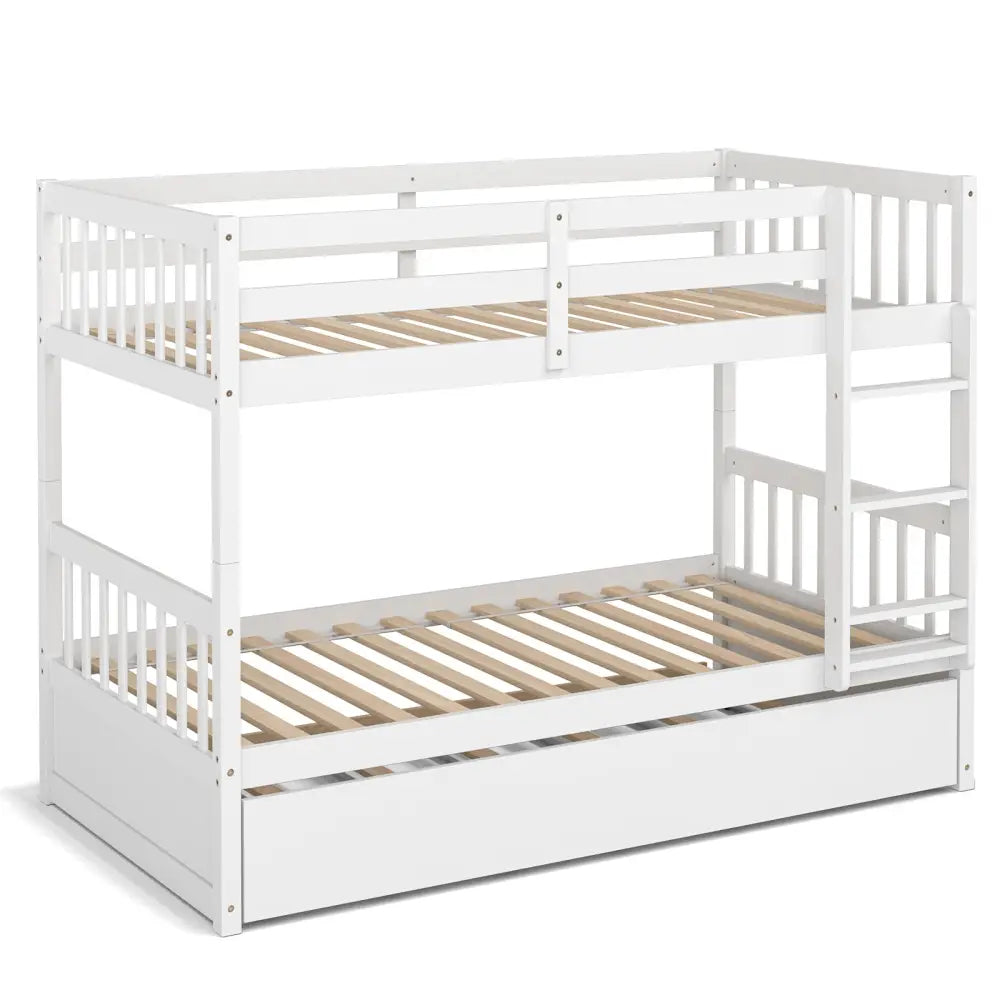 Twin Over Twin Bunk Bed with Pull-out Trundle and Ladder-White - White - Bunk Bed Frame
