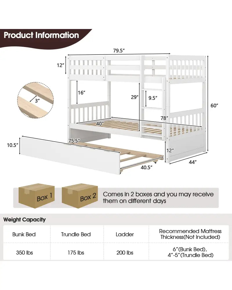 Twin Over Twin Bunk Bed with Pull-out Trundle and Ladder-White - White - Bunk Bed Frame