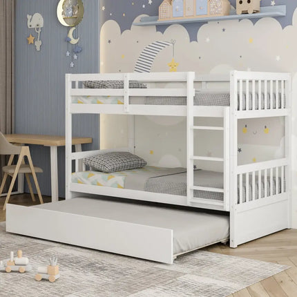 Twin Over Twin Bunk Bed with Pull-out Trundle and Ladder-White - White - Bunk Bed Frame