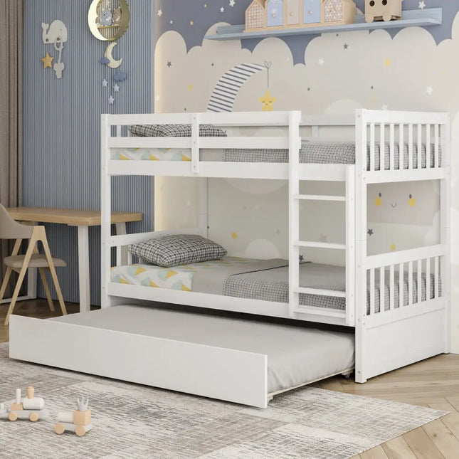 Twin Over Twin Bunk Bed with Pull-out Trundle and Ladder-White - White - Bunk Bed Frame