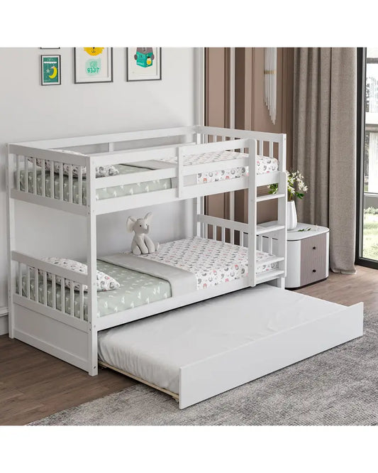 Twin Over Twin Bunk Bed with Pull-out Trundle and Ladder-White - White - Bunk Bed Frame
