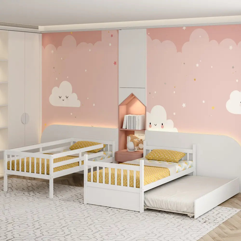 Twin Over Twin Bunk Bed with Pull-out Trundle and Ladder-White - White - Bunk Bed Frame