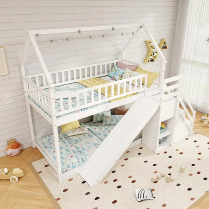 Twin Over Twin Bunk Bed with Slide and Staircase-White - White - Bunk Bed Frame