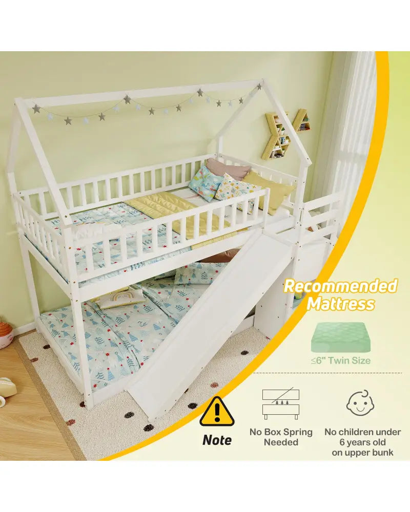Twin Over Twin Bunk Bed with Slide and Staircase-White - White - Bunk Bed Frame