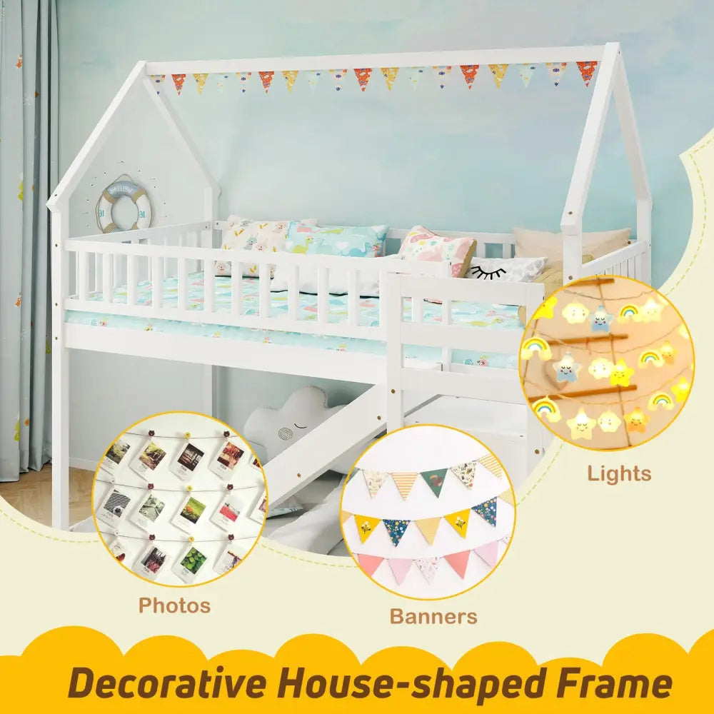 Twin Over Twin Bunk Bed with Slide and Staircase-White - White - Bunk Bed Frame