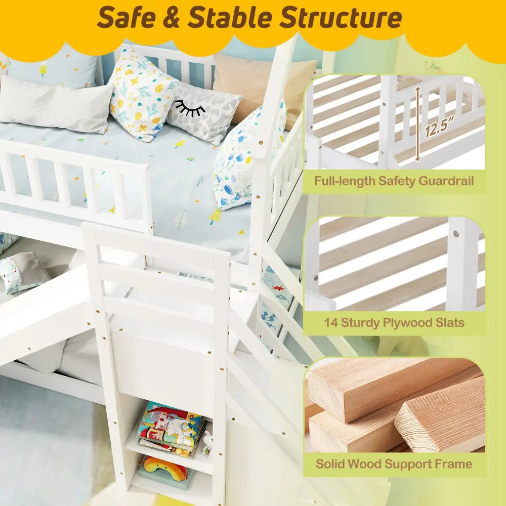 Twin Over Twin Bunk Bed with Slide and Staircase-White - White - Bunk Bed Frame