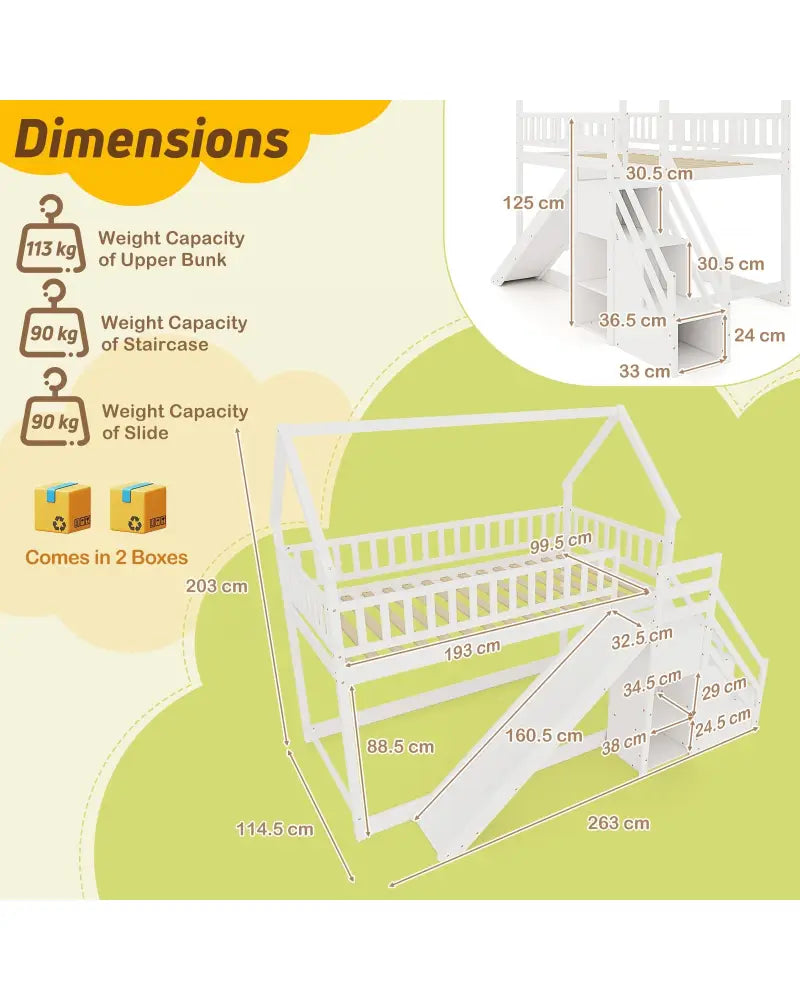 Twin Over Twin Bunk Bed with Slide and Staircase-White - White - Bunk Bed Frame