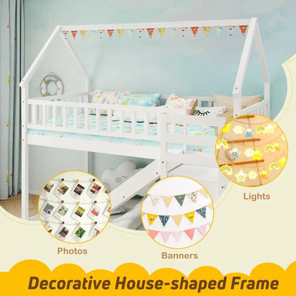 Twin Over Twin Bunk Bed with Slide and Staircase-White - White - Bunk Bed Frame
