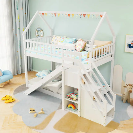 Twin Over Twin Bunk Bed with Slide and Staircase-White - White - Bunk Bed Frame