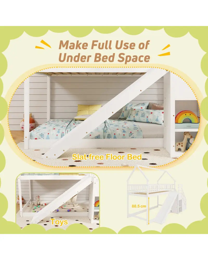 Twin Over Twin Bunk Bed with Slide and Staircase-White - White - Bunk Bed Frame