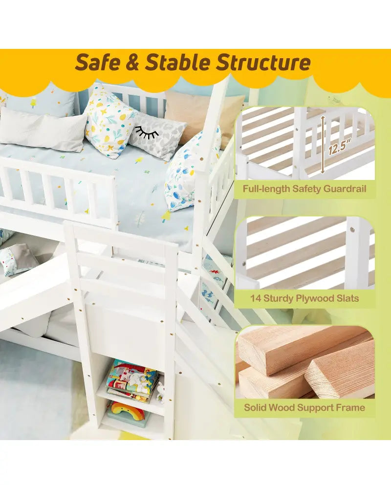 Twin Over Twin Bunk Bed with Slide and Staircase-White - White - Bunk Bed Frame