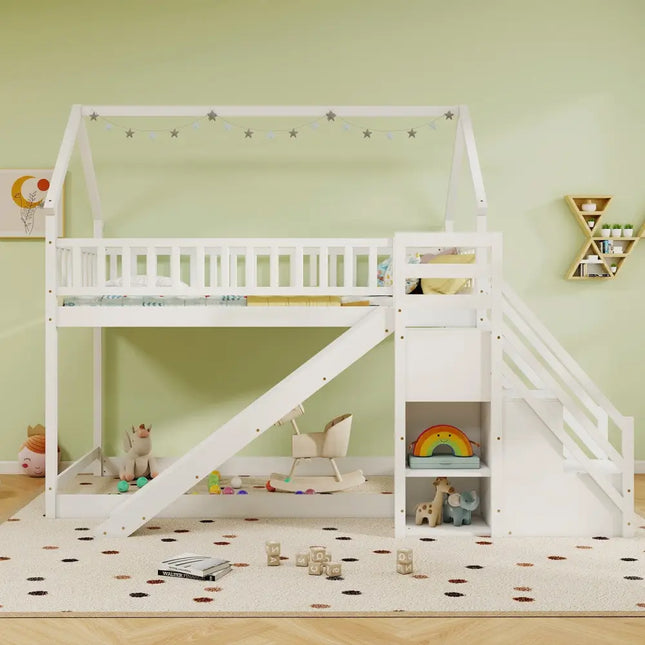 Twin Over Twin Bunk Bed with Slide and Staircase-White - White - Bunk Bed Frame