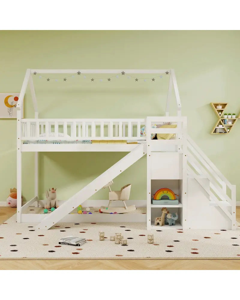 Twin Over Twin Bunk Bed with Slide and Staircase-White - White - Bunk Bed Frame