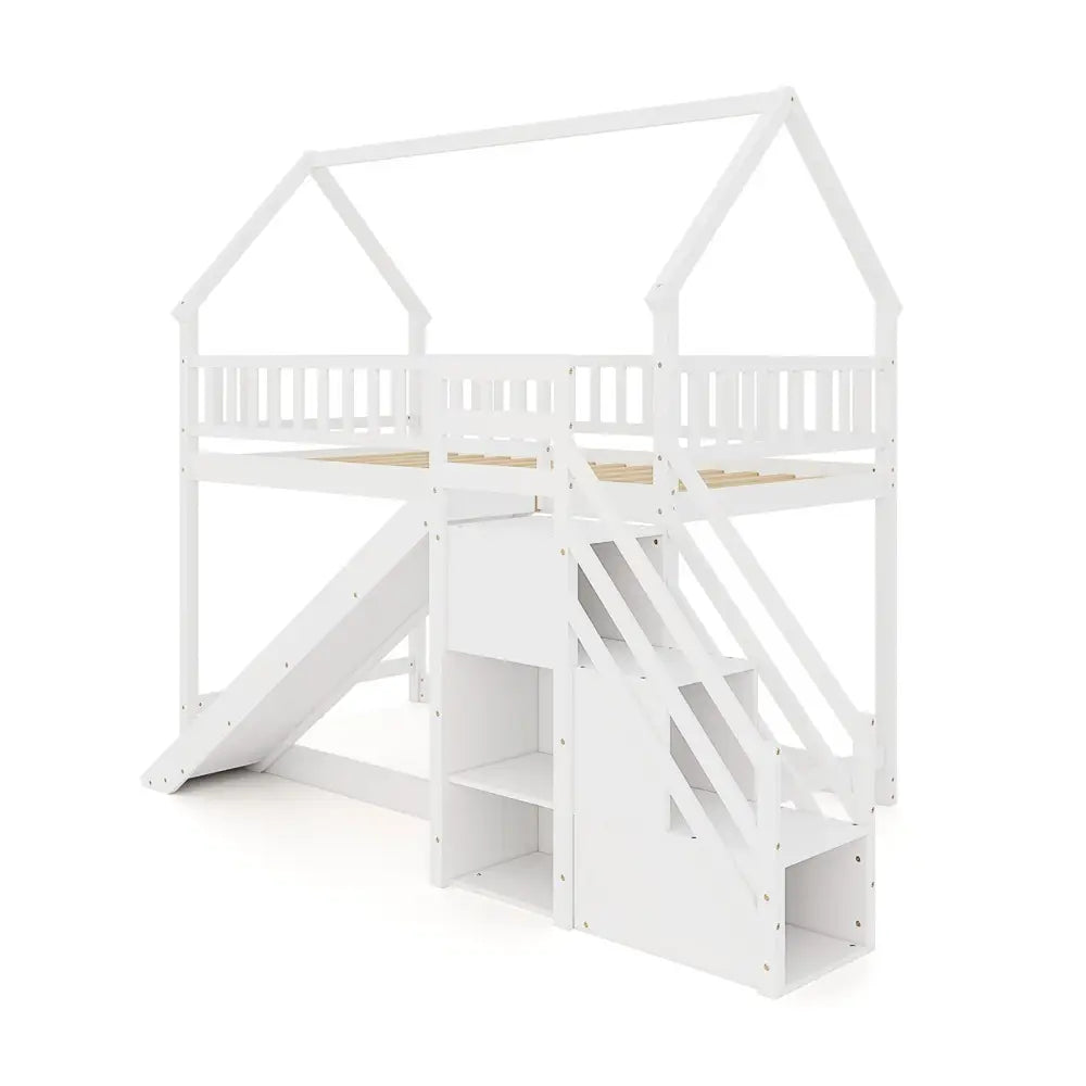 Twin Over Twin Bunk Bed with Slide and Staircase-White - White - Bunk Bed Frame