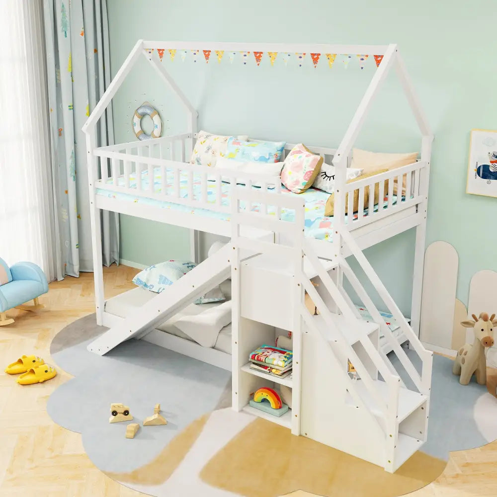 Twin Over Twin Bunk Bed with Slide and Staircase-White - White - Bunk Bed Frame