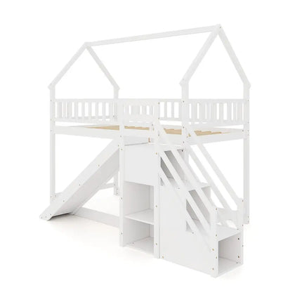 Twin Over Twin Bunk Bed with Slide and Staircase-White - White - Bunk Bed Frame