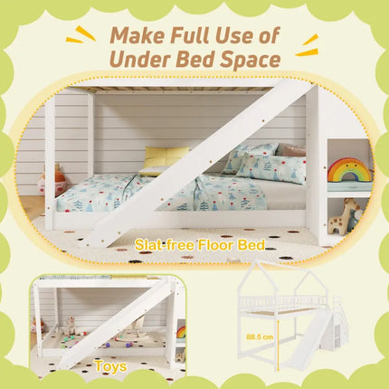 Twin Over Twin Bunk Bed with Slide and Staircase-White - White - Bunk Bed Frame