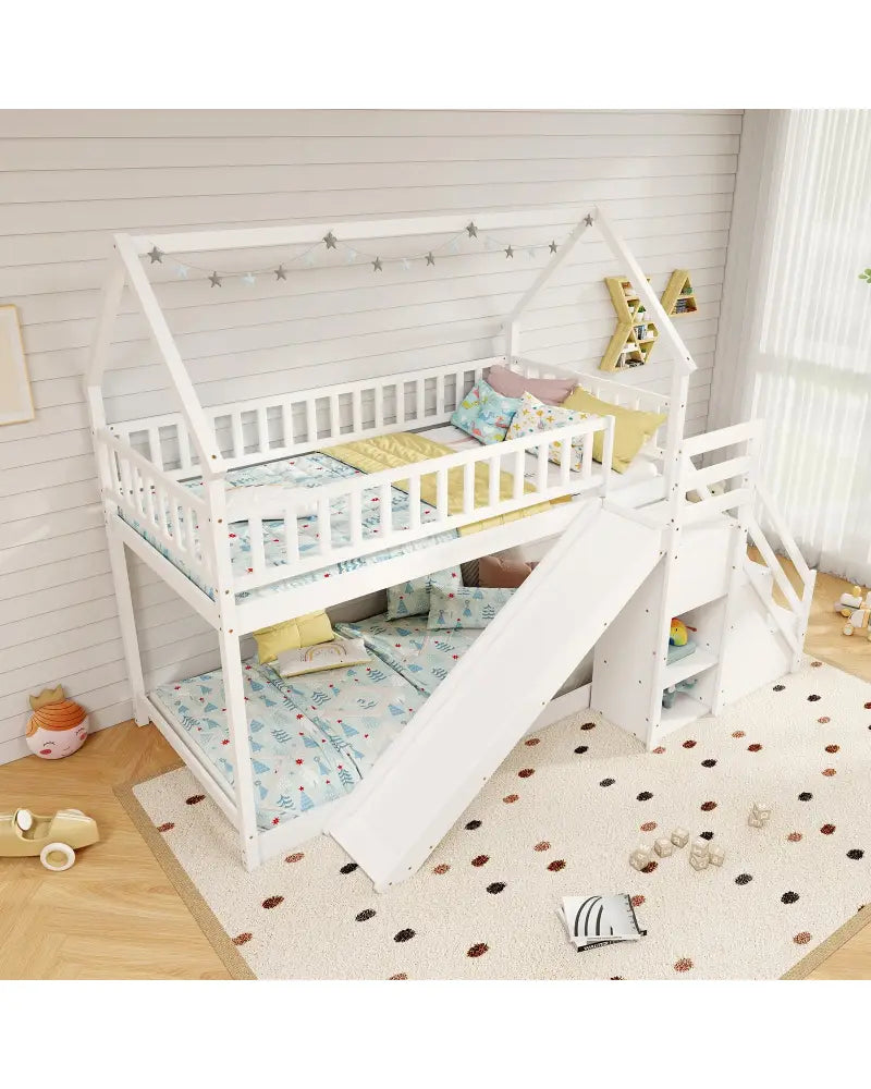 Twin Over Twin Bunk Bed with Slide and Staircase-White - White - Bunk Bed Frame