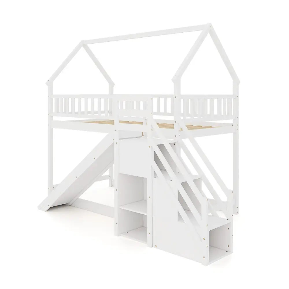 Twin Over Twin Bunk Bed with Slide and Staircase-White - White - Bunk Bed Frame