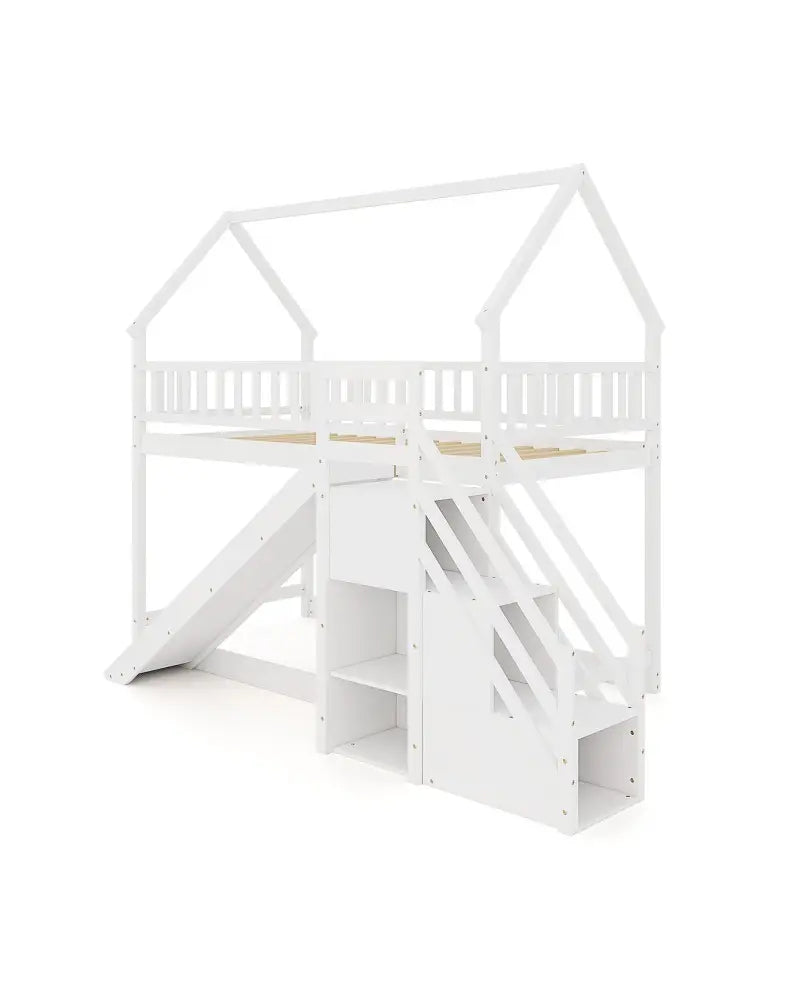 Twin Over Twin Bunk Bed with Slide and Staircase-White - White - Bunk Bed Frame