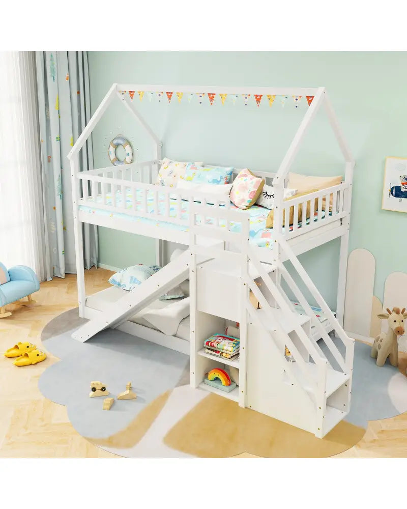 Twin Over Twin Bunk Bed with Slide and Staircase-White - White - Bunk Bed Frame