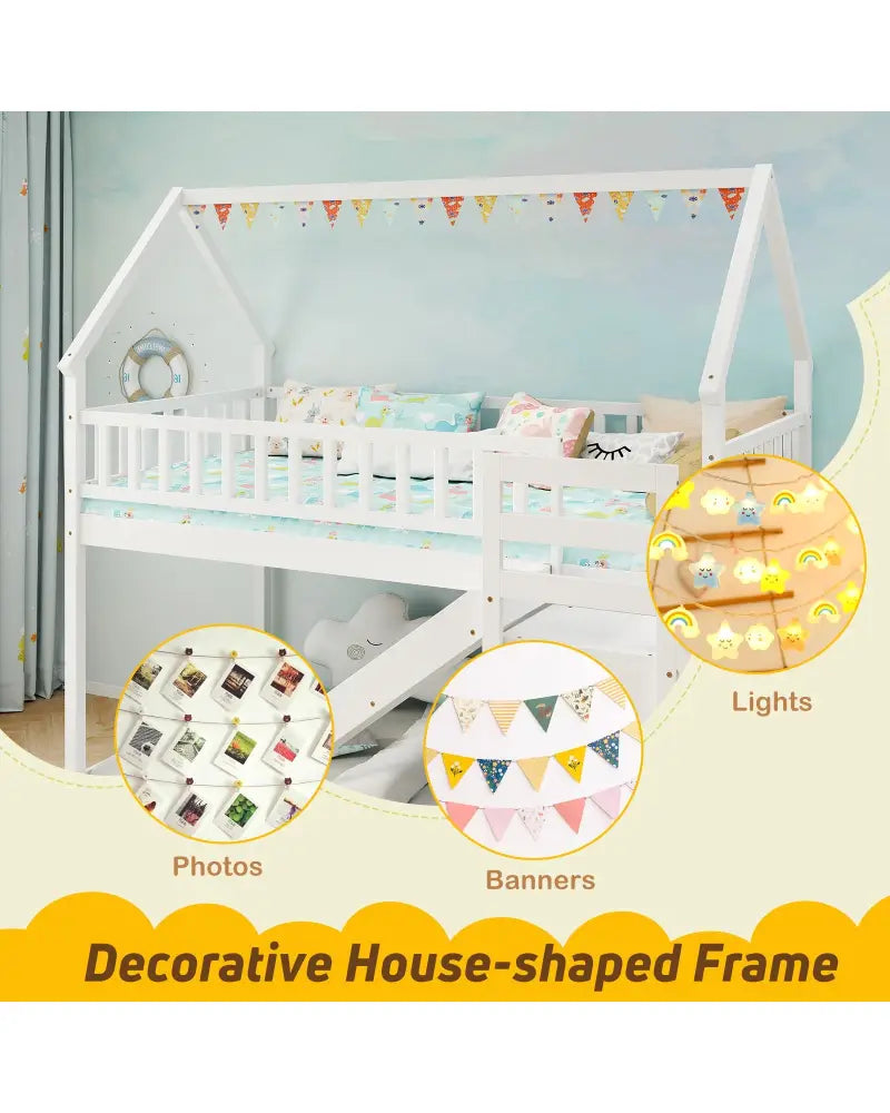Twin Over Twin Bunk Bed with Slide and Staircase-White - White - Bunk Bed Frame