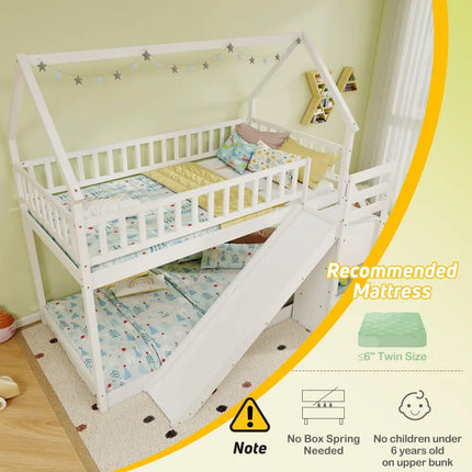 Twin Over Twin Bunk Bed with Slide and Staircase-White - White - Bunk Bed Frame