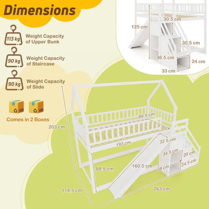 Twin Over Twin Bunk Bed with Slide and Staircase-White - White - Bunk Bed Frame