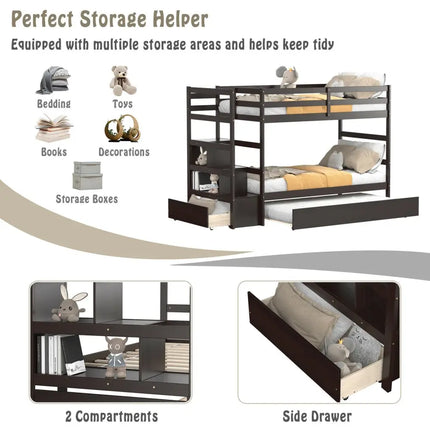 Twin Over Twin Bunk Bed with Storage Shelf and Drawer-Espresso - Dark Brown - Bunk Bed Frame