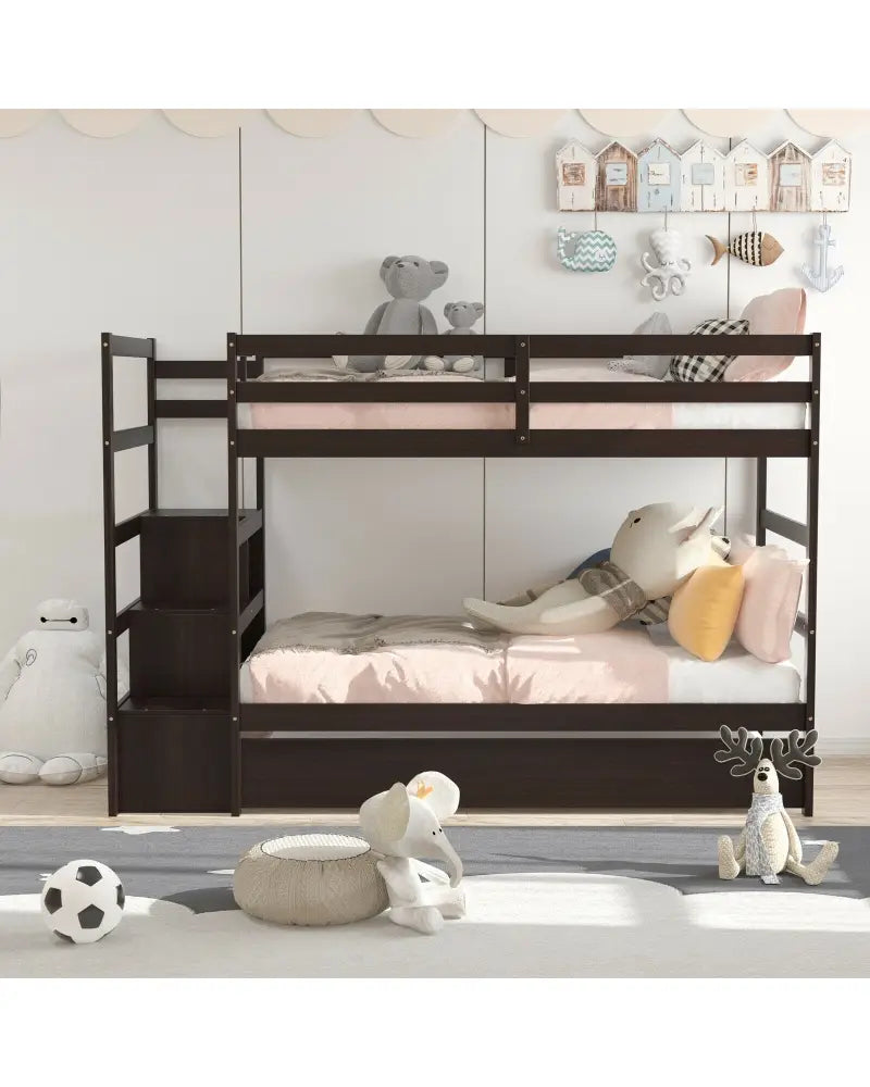 Twin Over Twin Bunk Bed with Storage Shelf and Drawer-Espresso - Dark Brown - Bunk Bed Frame