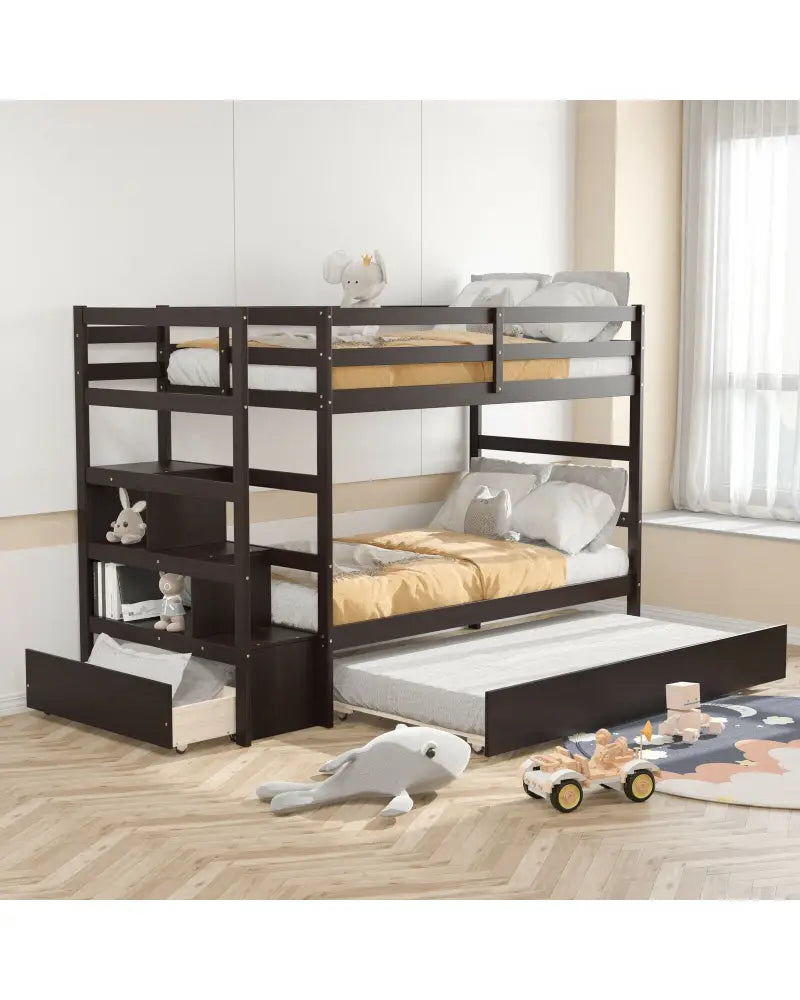 Twin Over Twin Bunk Bed with Storage Shelf and Drawer-Espresso - Dark Brown - Bunk Bed Frame