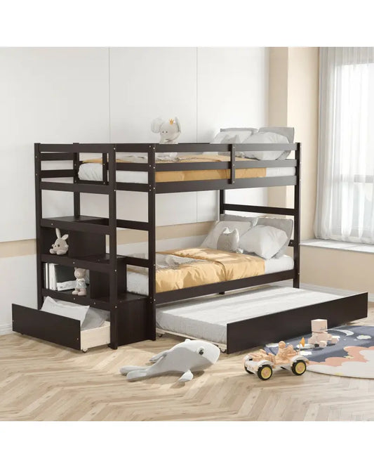 Twin Over Twin Bunk Bed with Storage Shelf and Drawer-Espresso - Dark Brown - Bunk Bed Frame