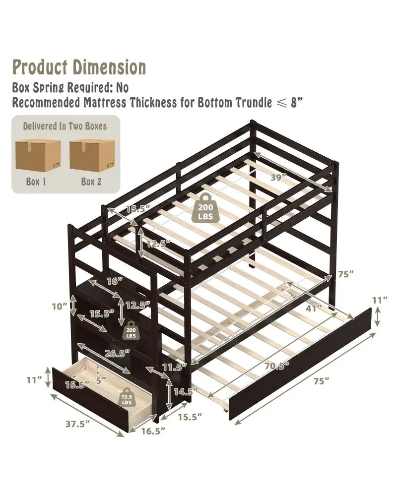 Twin Over Twin Bunk Bed with Storage Shelf and Drawer-Espresso - Dark Brown - Bunk Bed Frame