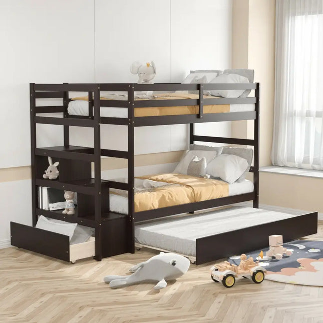 Twin Over Twin Bunk Bed with Storage Shelf and Drawer-Espresso - Dark Brown - Bunk Bed Frame