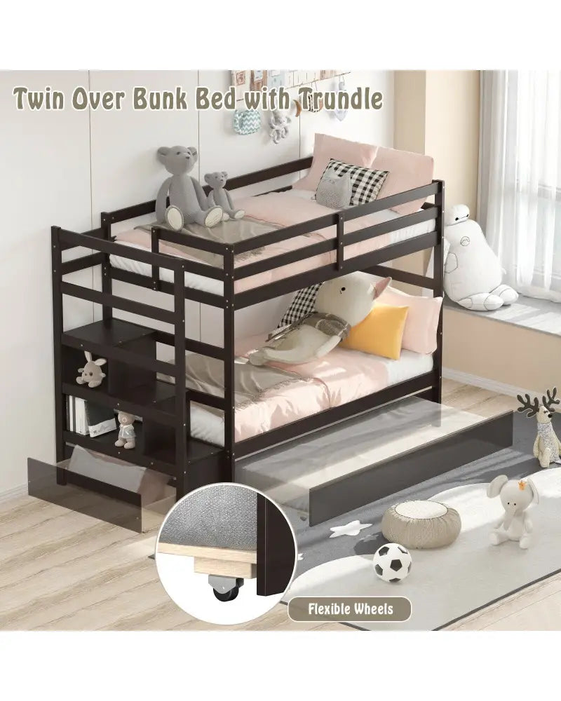 Twin Over Twin Bunk Bed with Storage Shelf and Drawer-Espresso - Dark Brown - Bunk Bed Frame