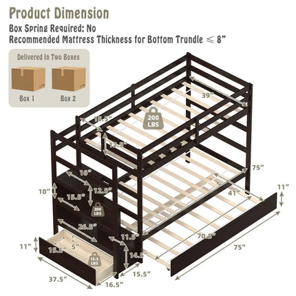 Twin Over Twin Bunk Bed with Storage Shelf and Drawer-Espresso - Dark Brown - Bunk Bed Frame