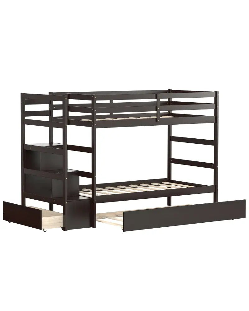 Twin Over Twin Bunk Bed with Storage Shelf and Drawer-Espresso - Dark Brown - Bunk Bed Frame