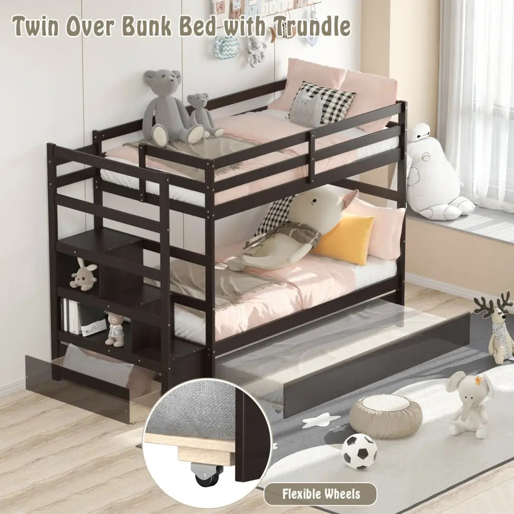 Twin Over Twin Bunk Bed with Storage Shelf and Drawer-Espresso - Dark Brown - Bunk Bed Frame