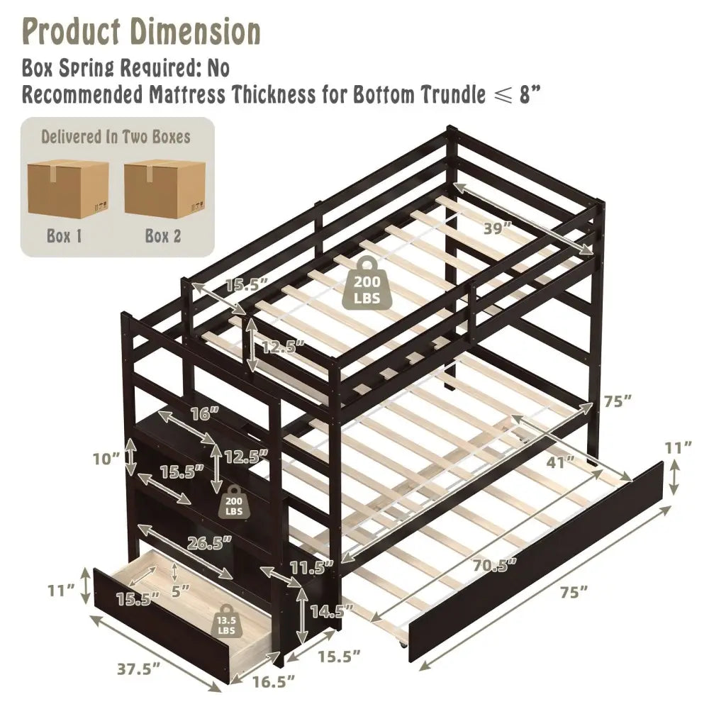 Twin Over Twin Bunk Bed with Storage Shelf and Drawer-Espresso - Dark Brown - Bunk Bed Frame