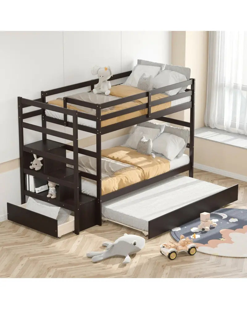 Twin Over Twin Bunk Bed with Storage Shelf and Drawer-Espresso - Dark Brown - Bunk Bed Frame