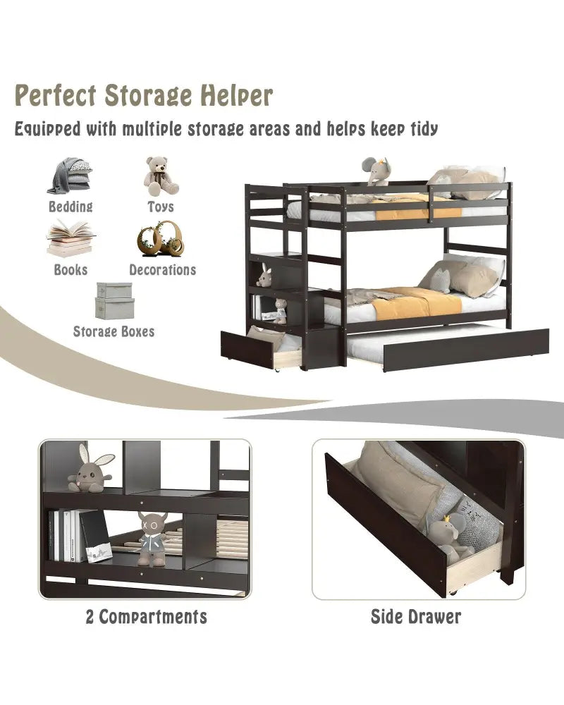 Twin Over Twin Bunk Bed with Storage Shelf and Drawer-Espresso - Dark Brown - Bunk Bed Frame